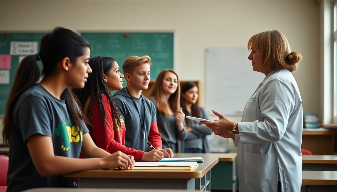 High school students in a classroom observing and assisting a teacher as part of a career preparation program