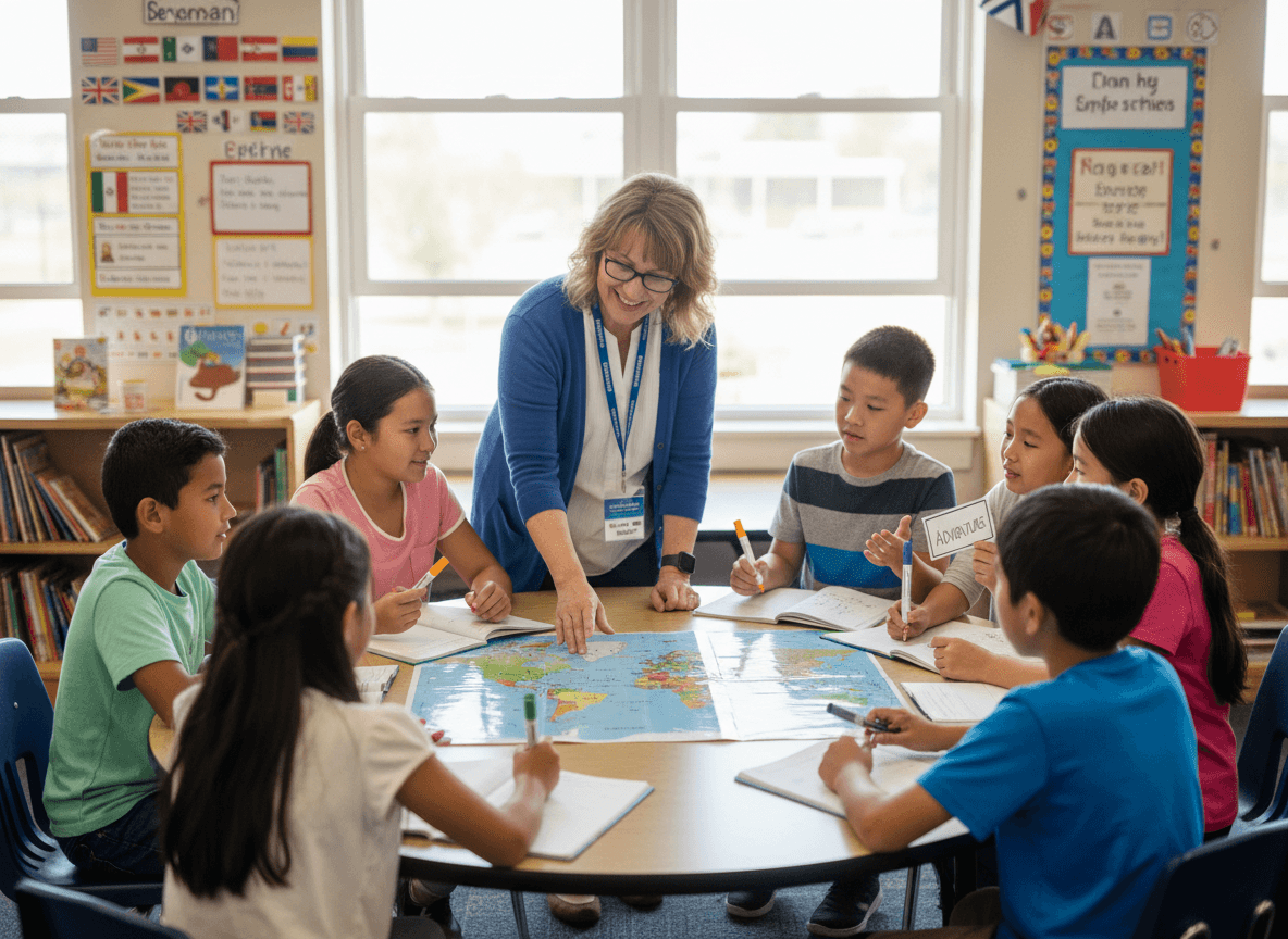 Students in an English language development class working with a language specialist funded through Title III