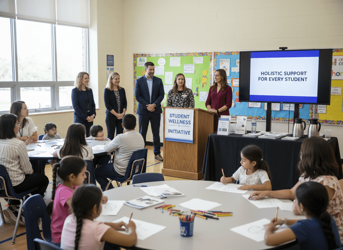 School counselors and administrators presenting the district's student wellness program to families at a community meeting