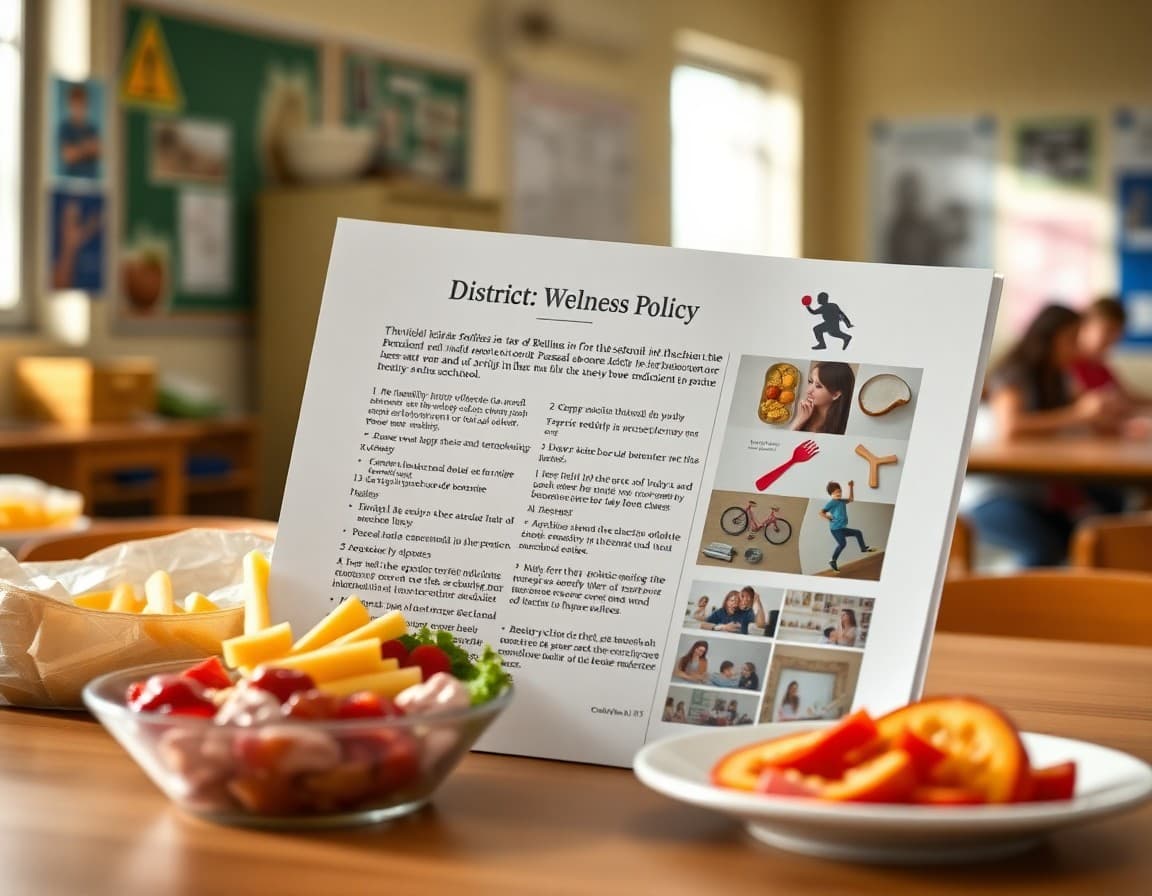 District wellness policy document open next to a healthy meal and physical activity images