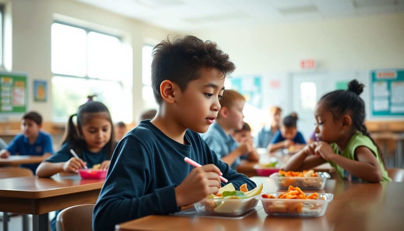Elementary students eating healthy lunches and talking in a bright school cafeteria