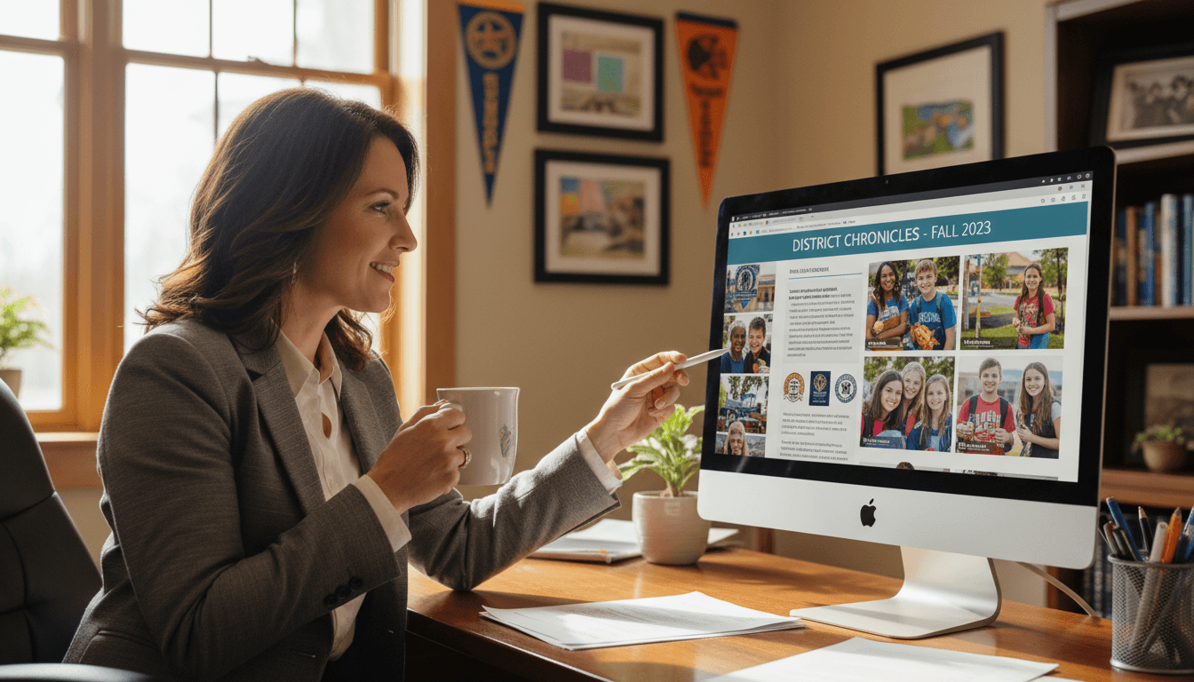 School district communications director reviewing multi-school newsletter on computer in district office