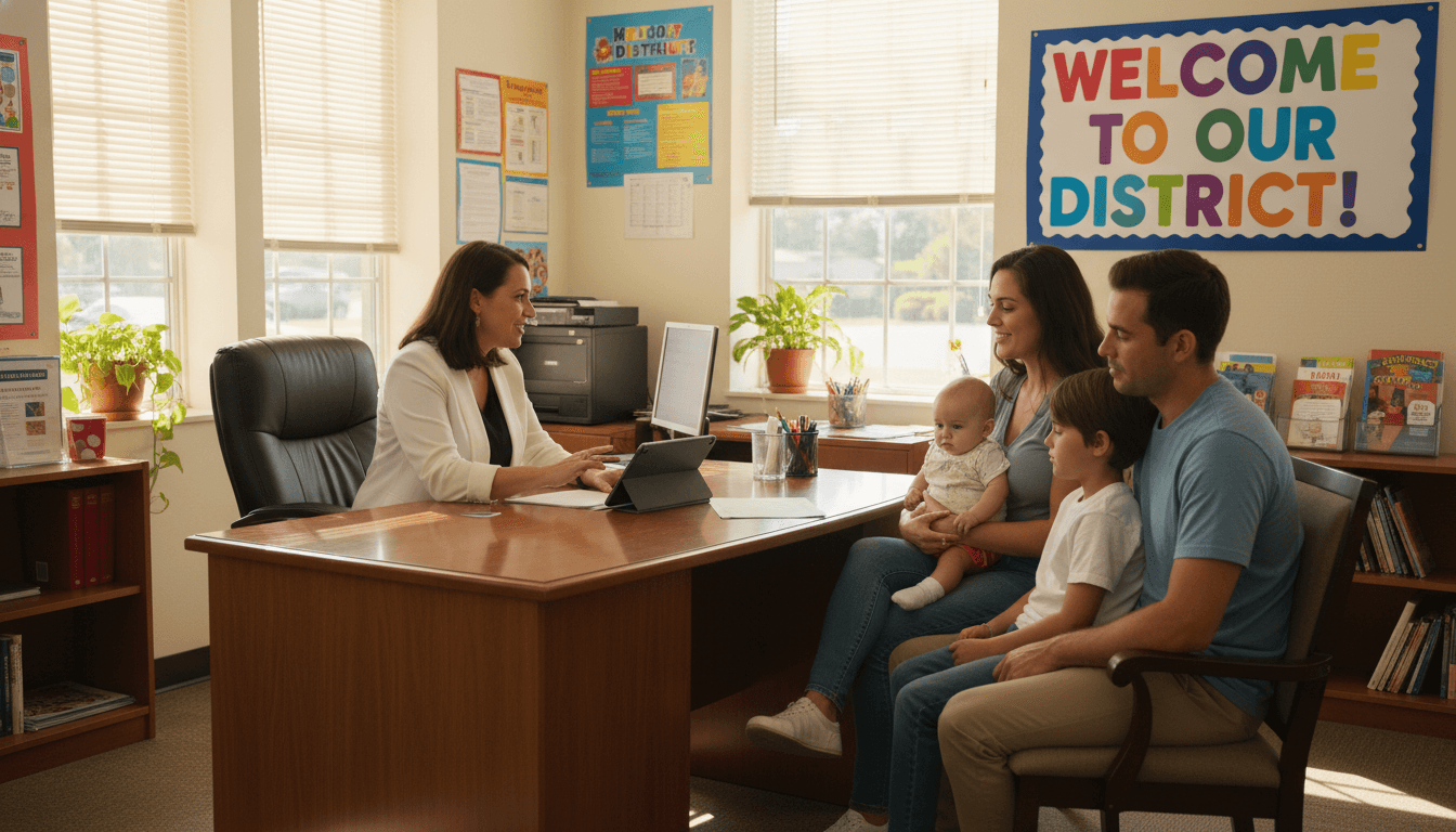 District enrollment coordinator assisting a new family with school registration at the district office in July