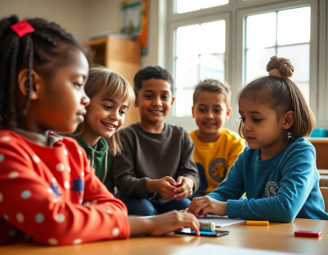 Diverse elementary students working on identity and community classroom activity together