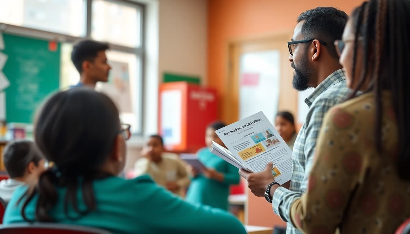 Teacher presenting anti-bias curriculum materials to an engaged parent group at school