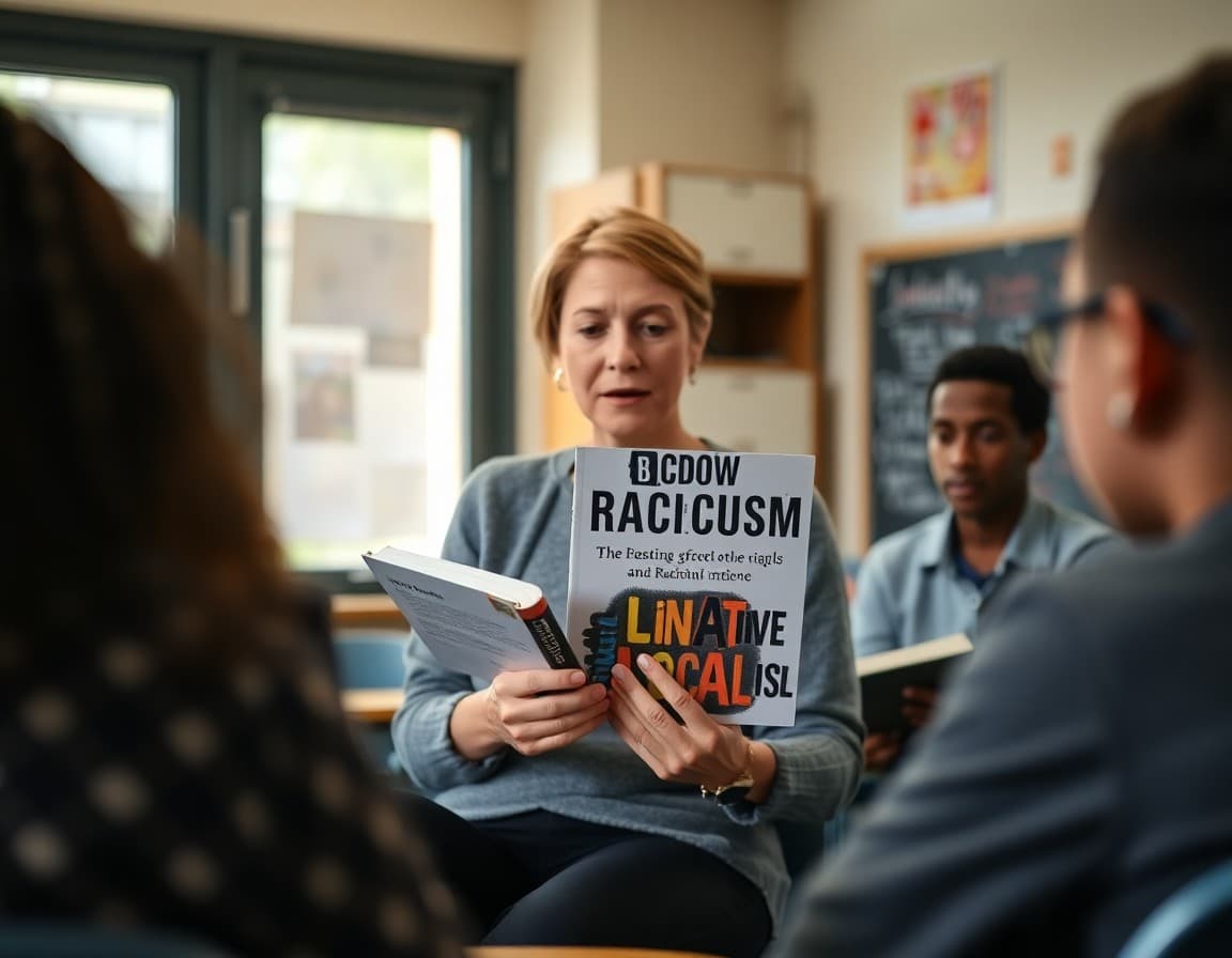 Teacher holding an anti-racism book at a staff professional development reading session