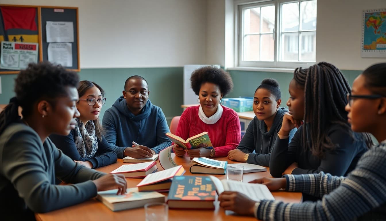Diverse school staff engaged in a thoughtful anti-racism book club discussion at a table