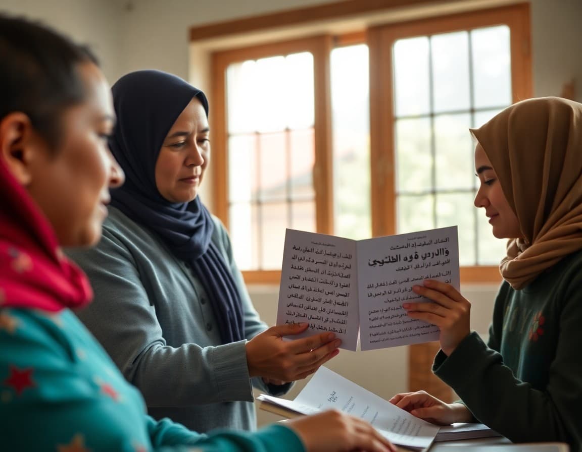 School staff member reviewing Arabic-translated school materials with a parent family