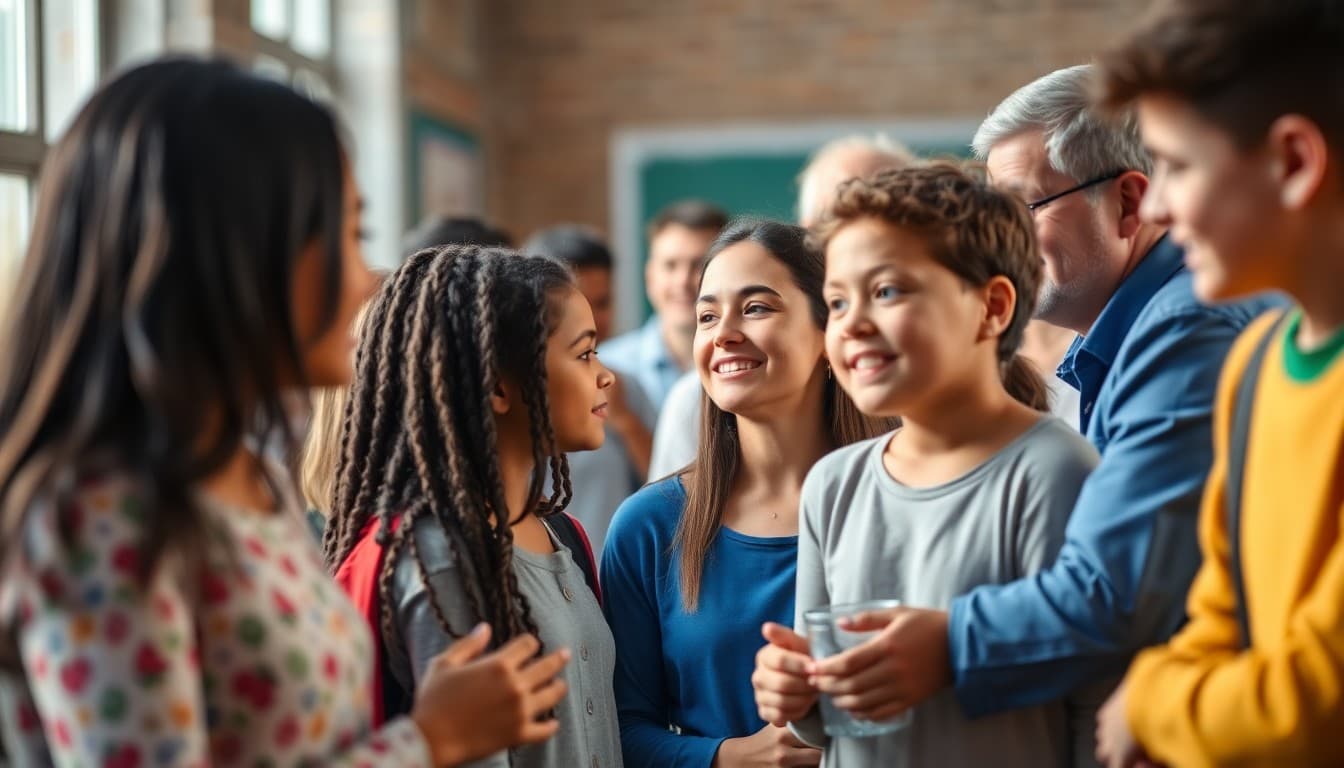 Diverse group of parents and students at a school community event together