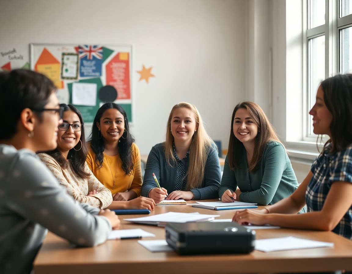 Diverse group of teacher candidates meeting with a school hiring committee at a table