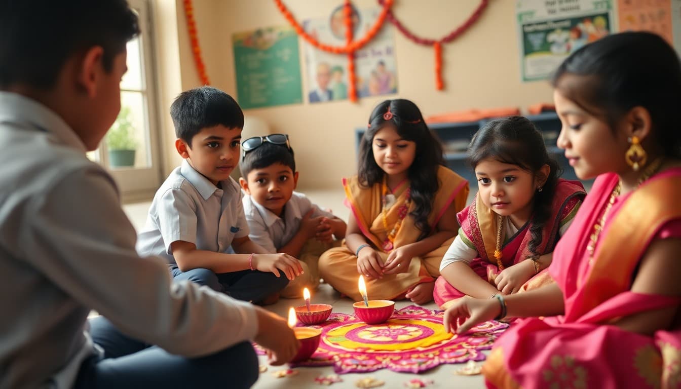 School Diwali celebration with students sharing cultural traditions and colorful rangoli art
