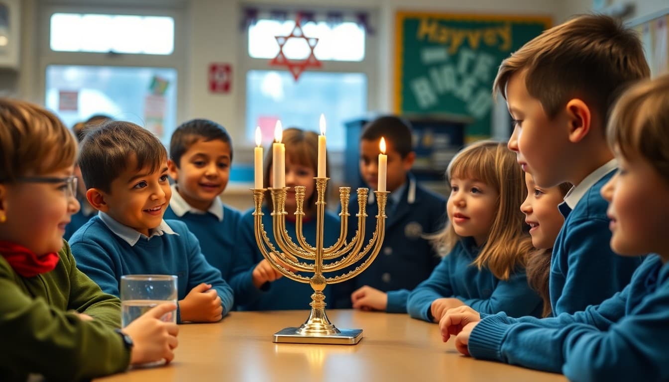 School holiday event inclusively acknowledging Hanukkah with menorah and cultural display