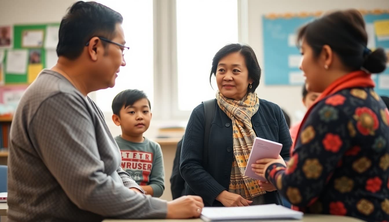 School community liaison working with Hmong-speaking parents at a family engagement event