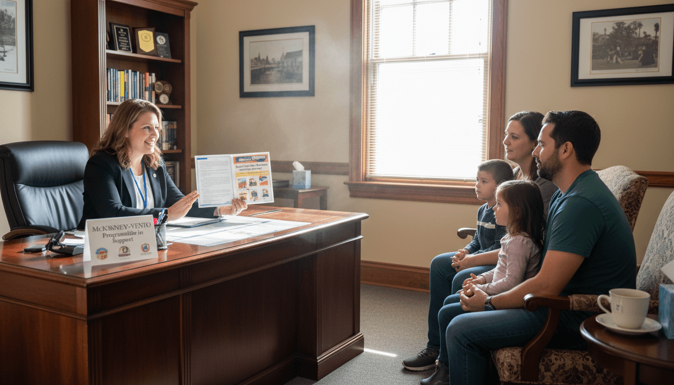 School counselor meeting with a family in a welcoming office setting to discuss student support services and resources
