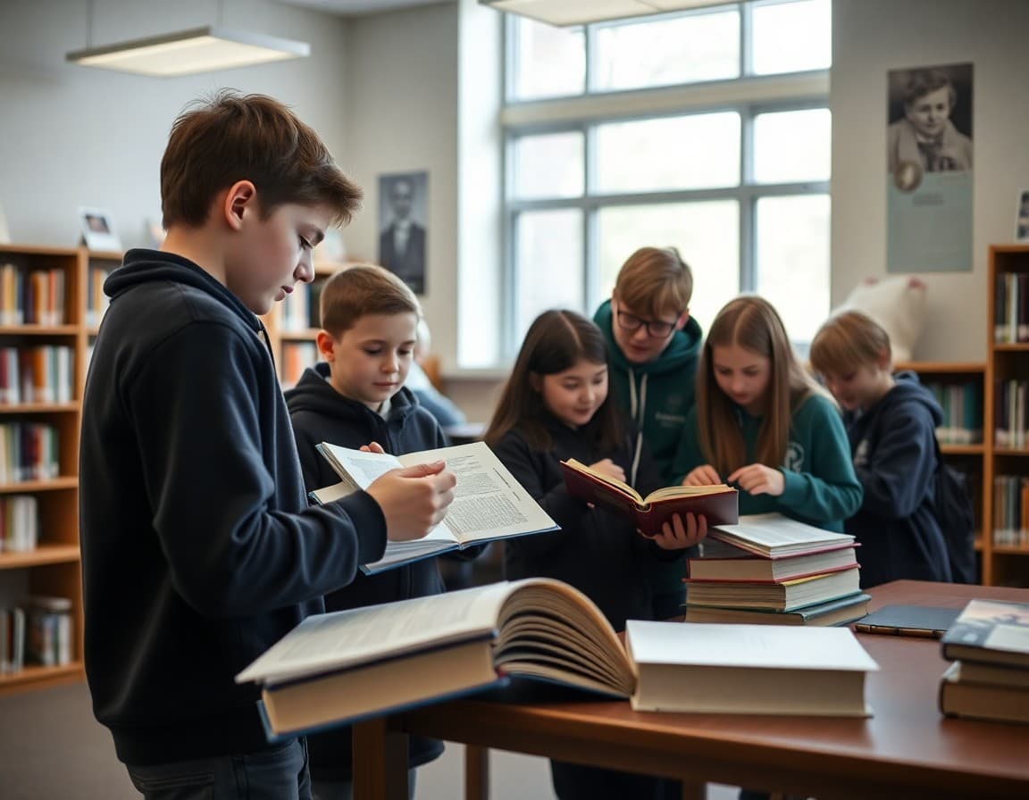Students exploring an Irish American immigration history project in a school library