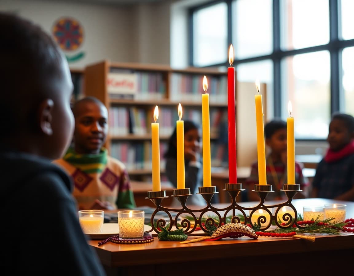 Kwanzaa kinara candles and cultural display in a school library for student learning
