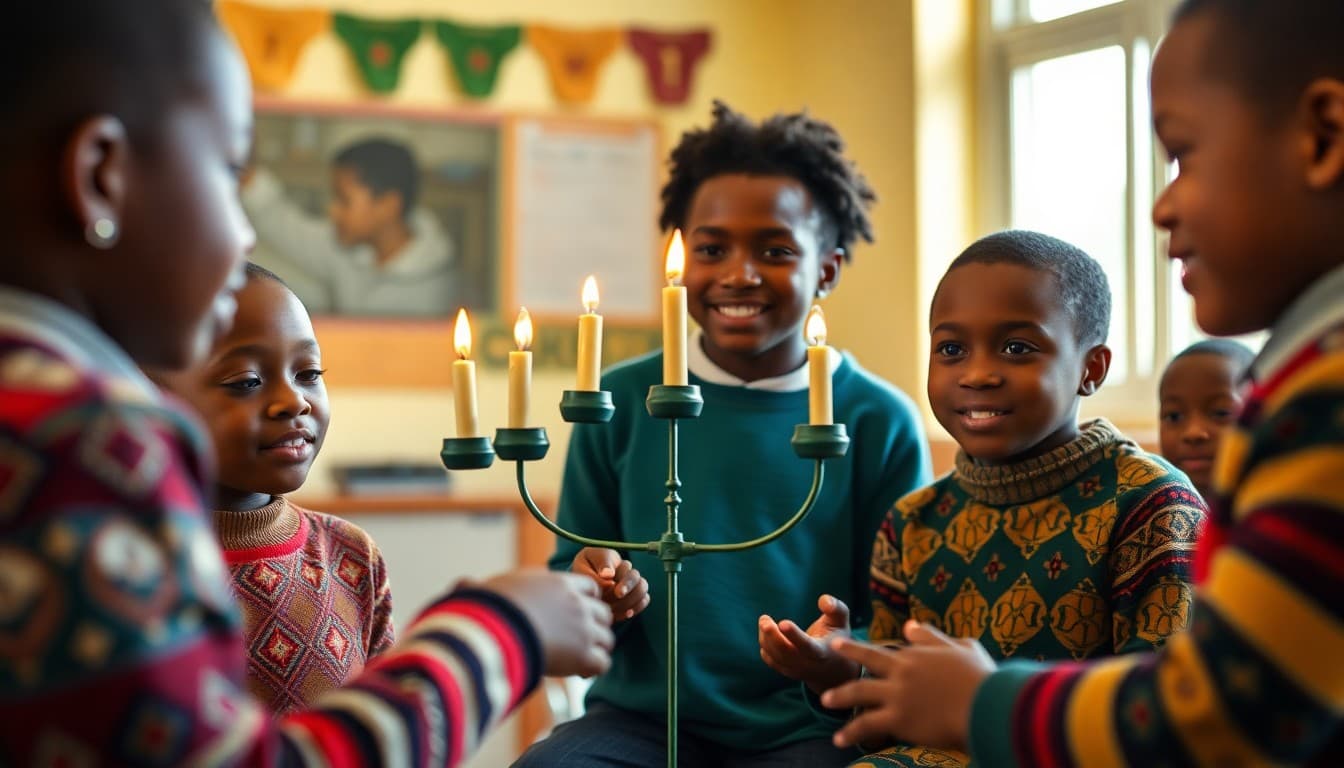 School Kwanzaa celebration with students learning about the seven principles together