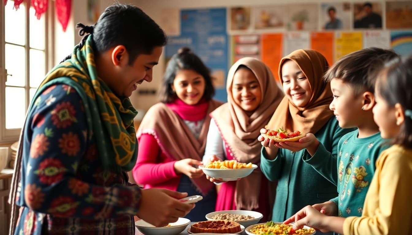 Diverse multicultural school community event with families sharing cultural foods and traditions