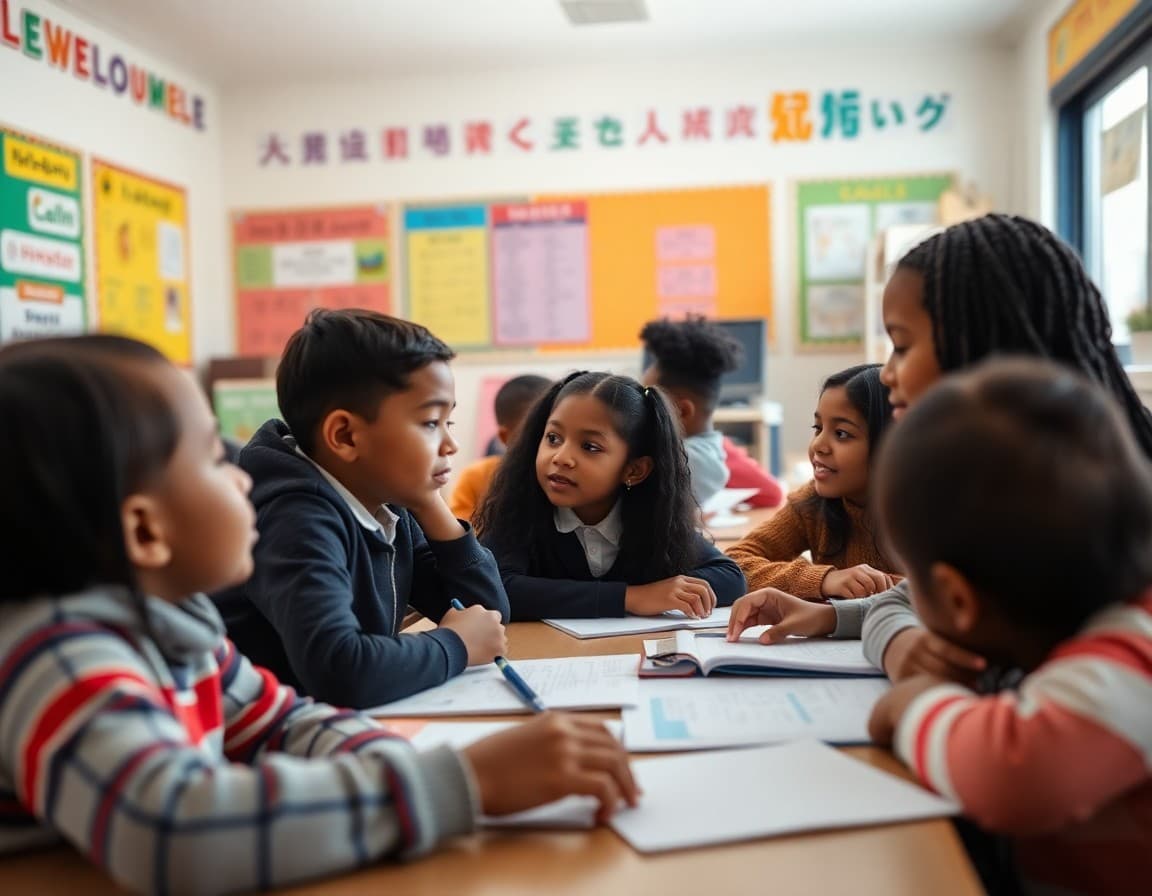 Diverse students working together in a welcoming classroom with multilingual wall displays