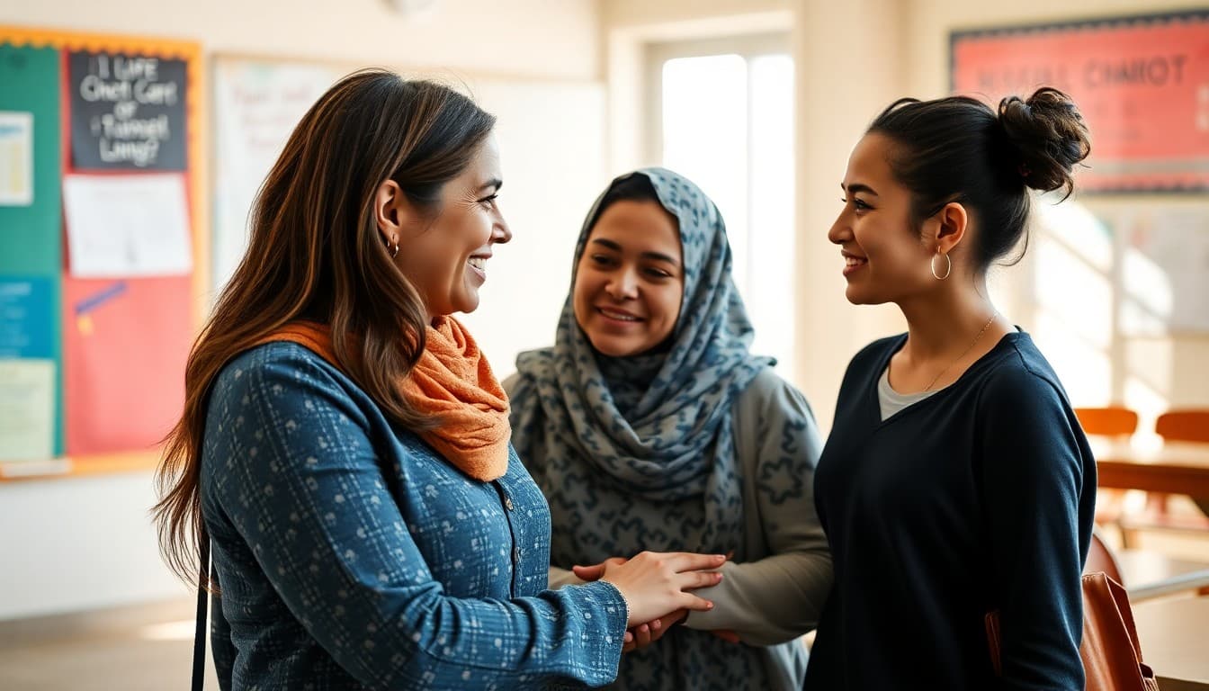 School counselor warmly welcoming a newly arrived refugee student and their family