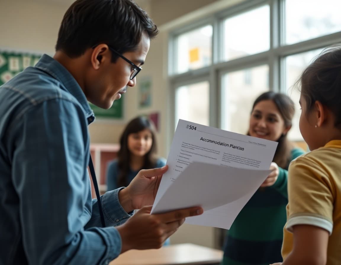 School counselor reviewing 504 accommodation plan document with a family