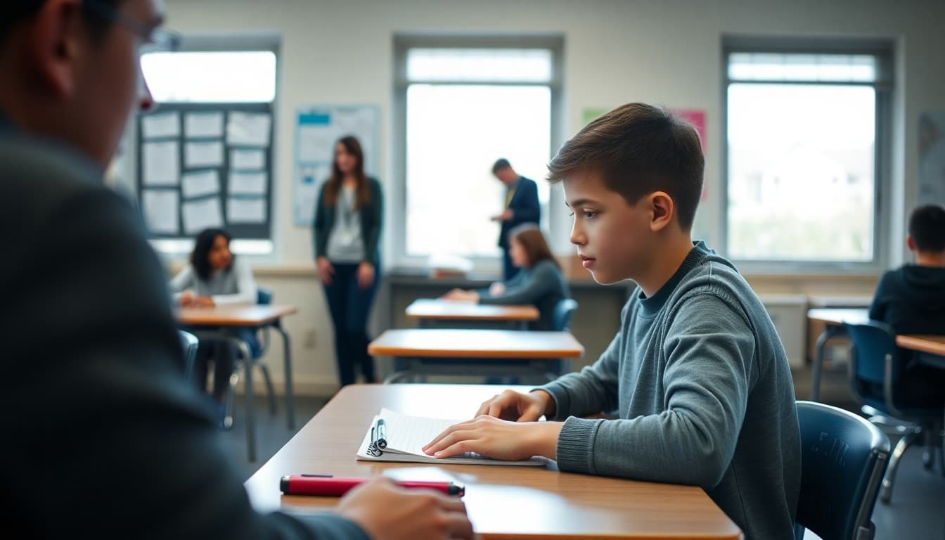 Student with 504 accommodations working at a desk with classroom supports visible