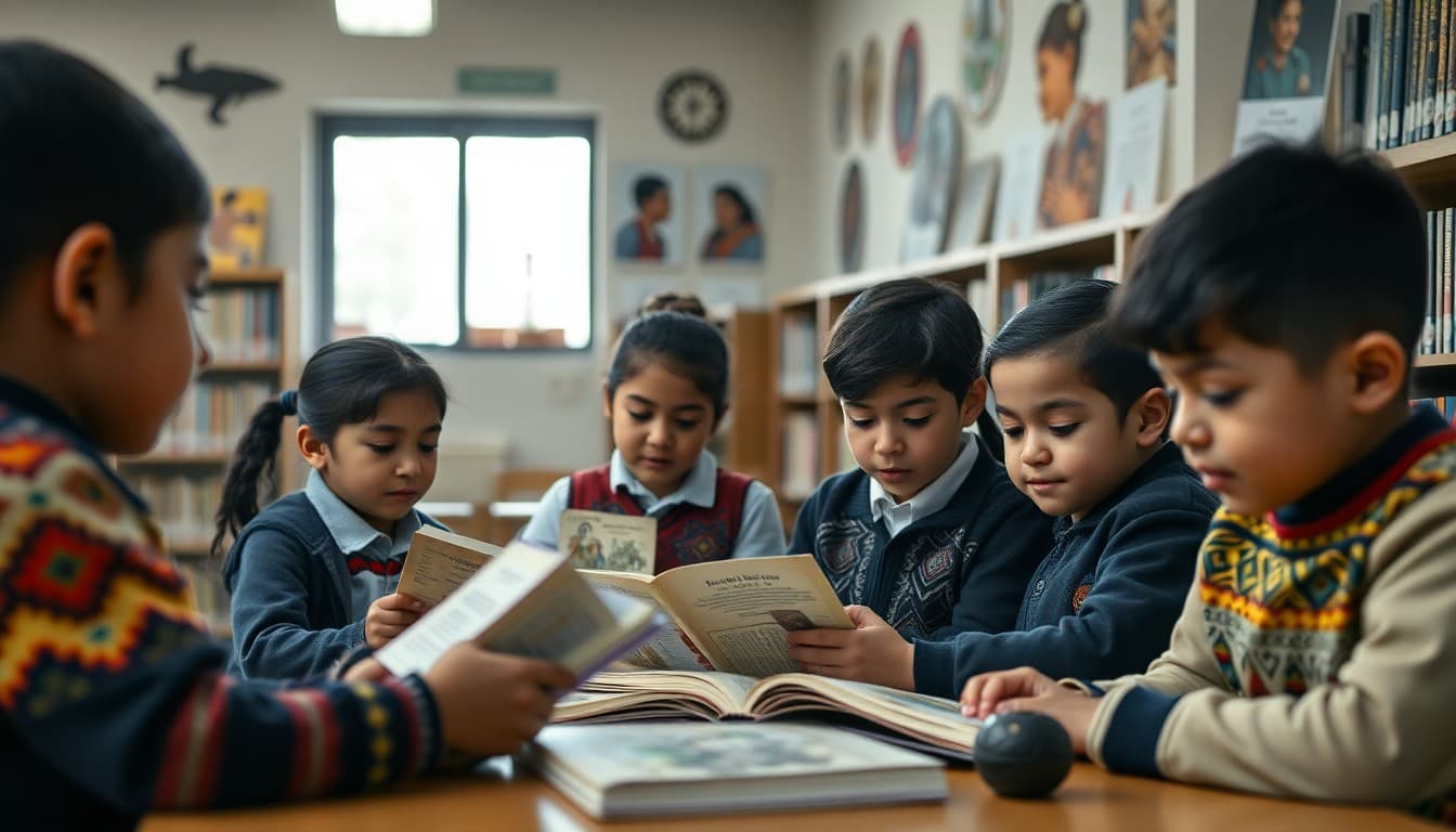Students in a school library exploring Indigenous history books and cultural artifacts