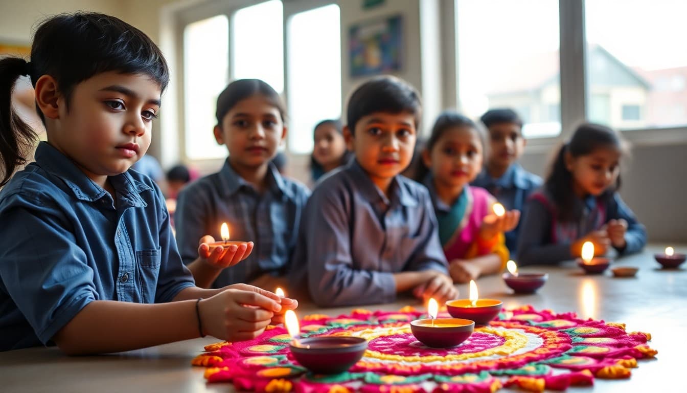 Students at school celebrating Diwali with lit diyas and colorful rangoli decorations