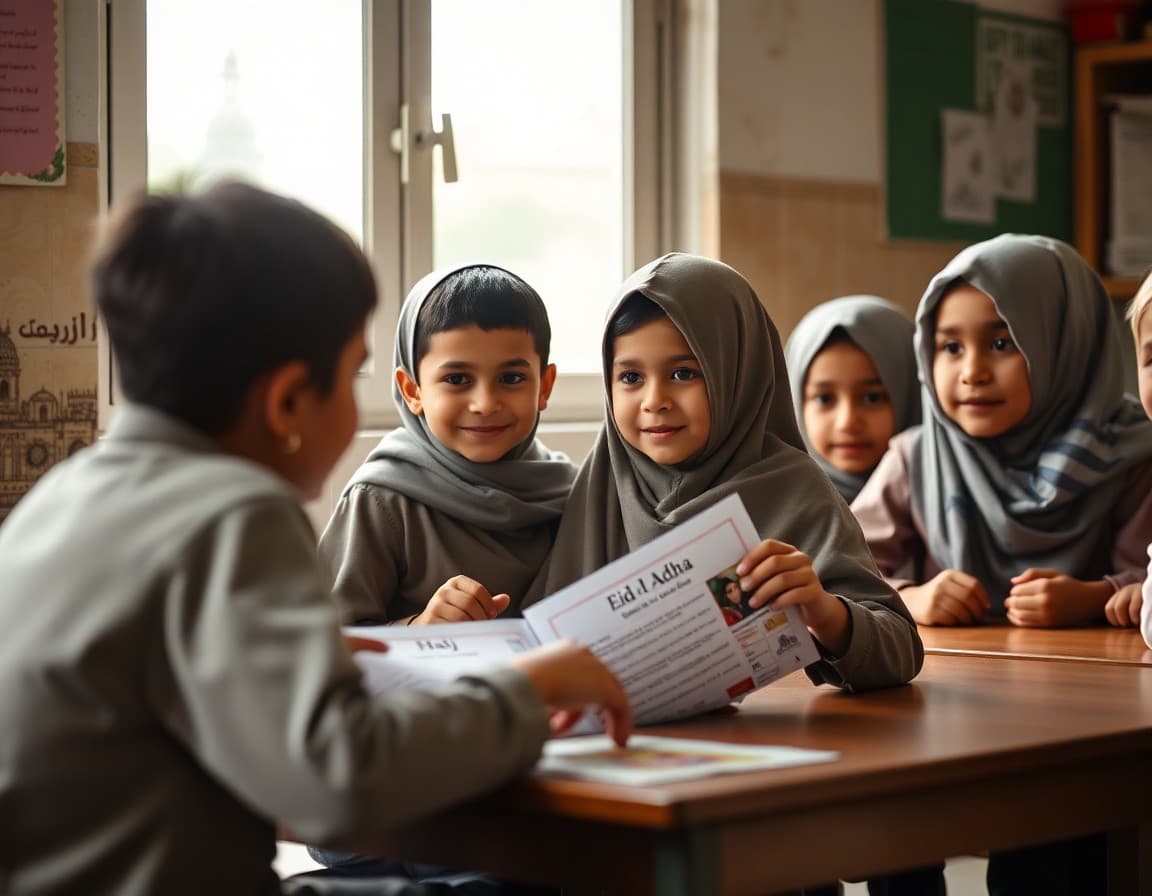 Eid al-Adha school newsletter with holiday explanation and Hajj pilgrimage educational section