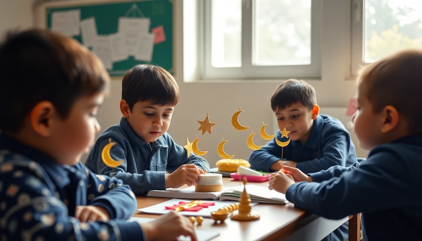 Students at school learning about Eid al-Fitr with crescent moon decorations and cultural items