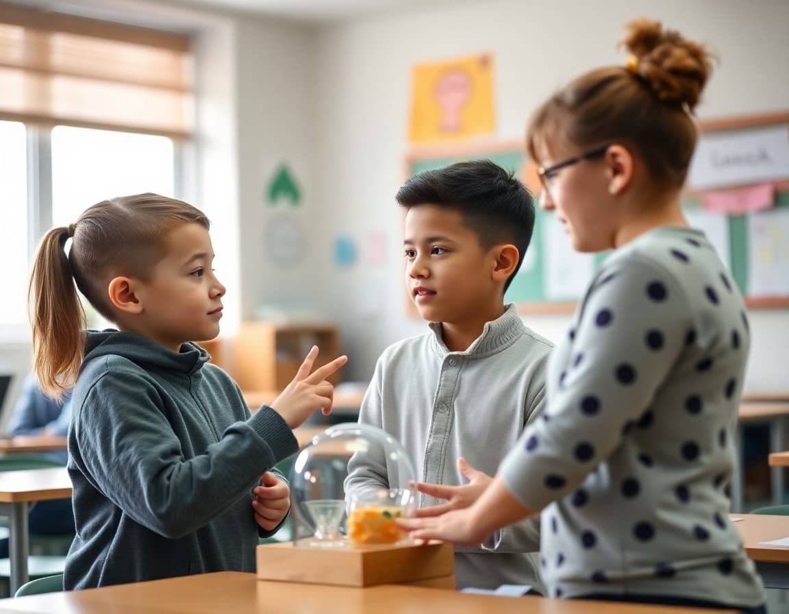 Student presenting a STEM project with teacher support in a gender-inclusive classroom