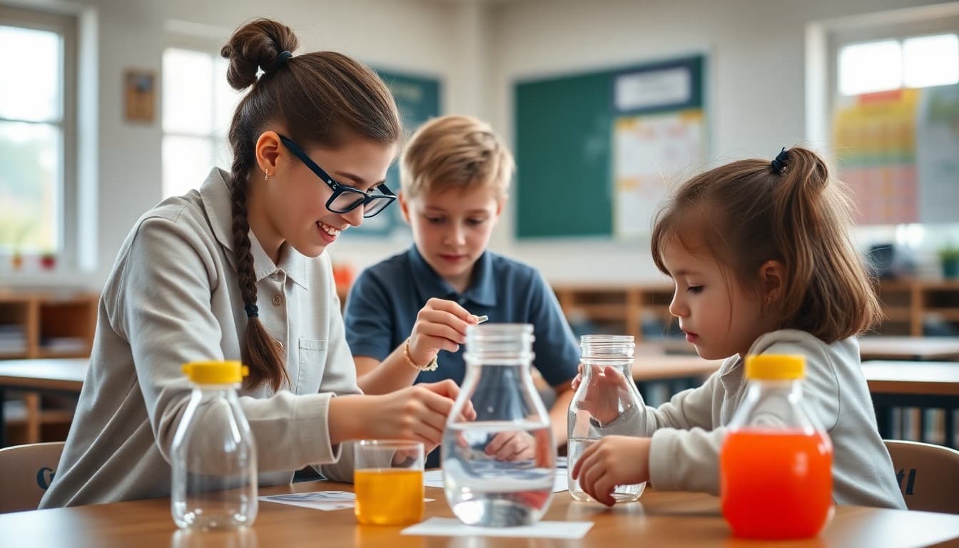 Girls and boys working together on a science experiment in a classroom