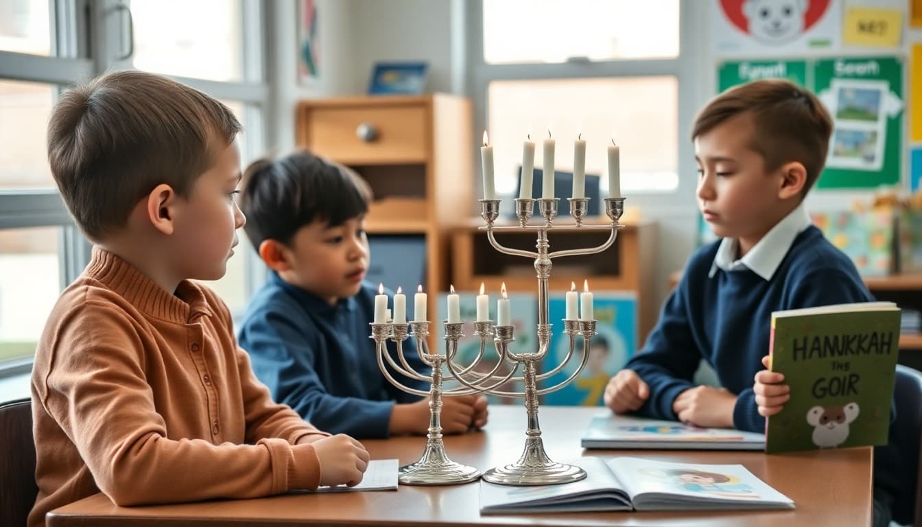 Students at school learning about Hanukkah with a menorah display and holiday books