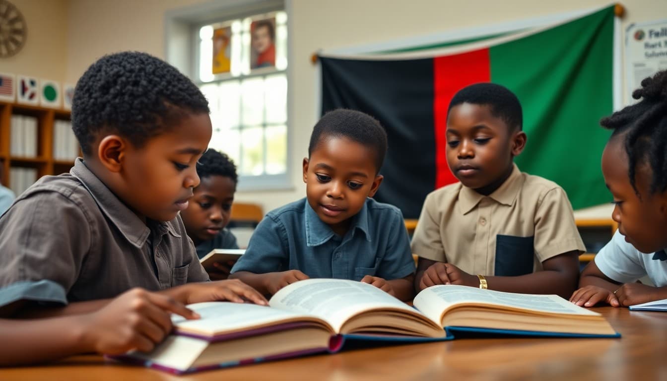 Students at school learning about Juneteenth history with books and a red, black, and green flag display