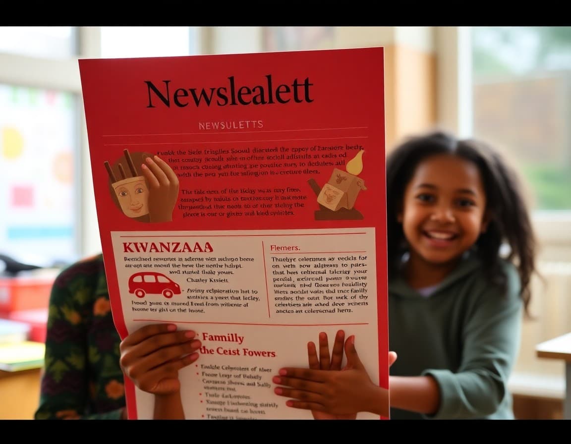 Kwanzaa school newsletter with Seven Principles section and family celebration ideas