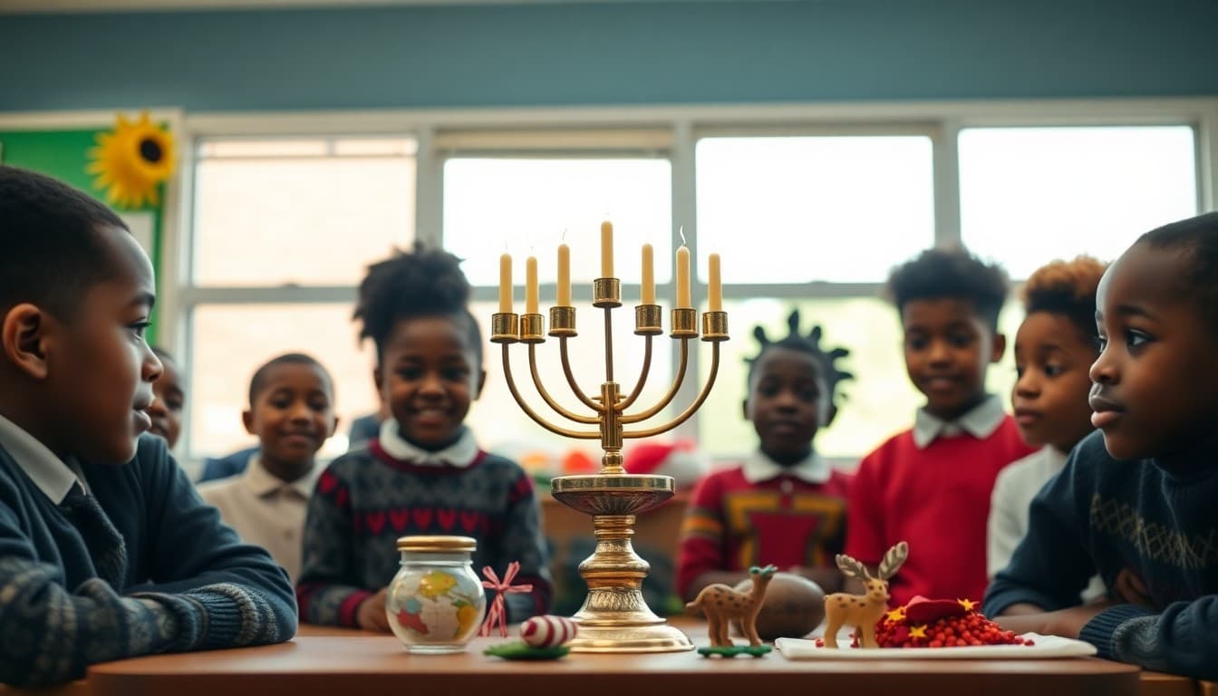Students at school learning about Kwanzaa with kinara display and cultural artifacts