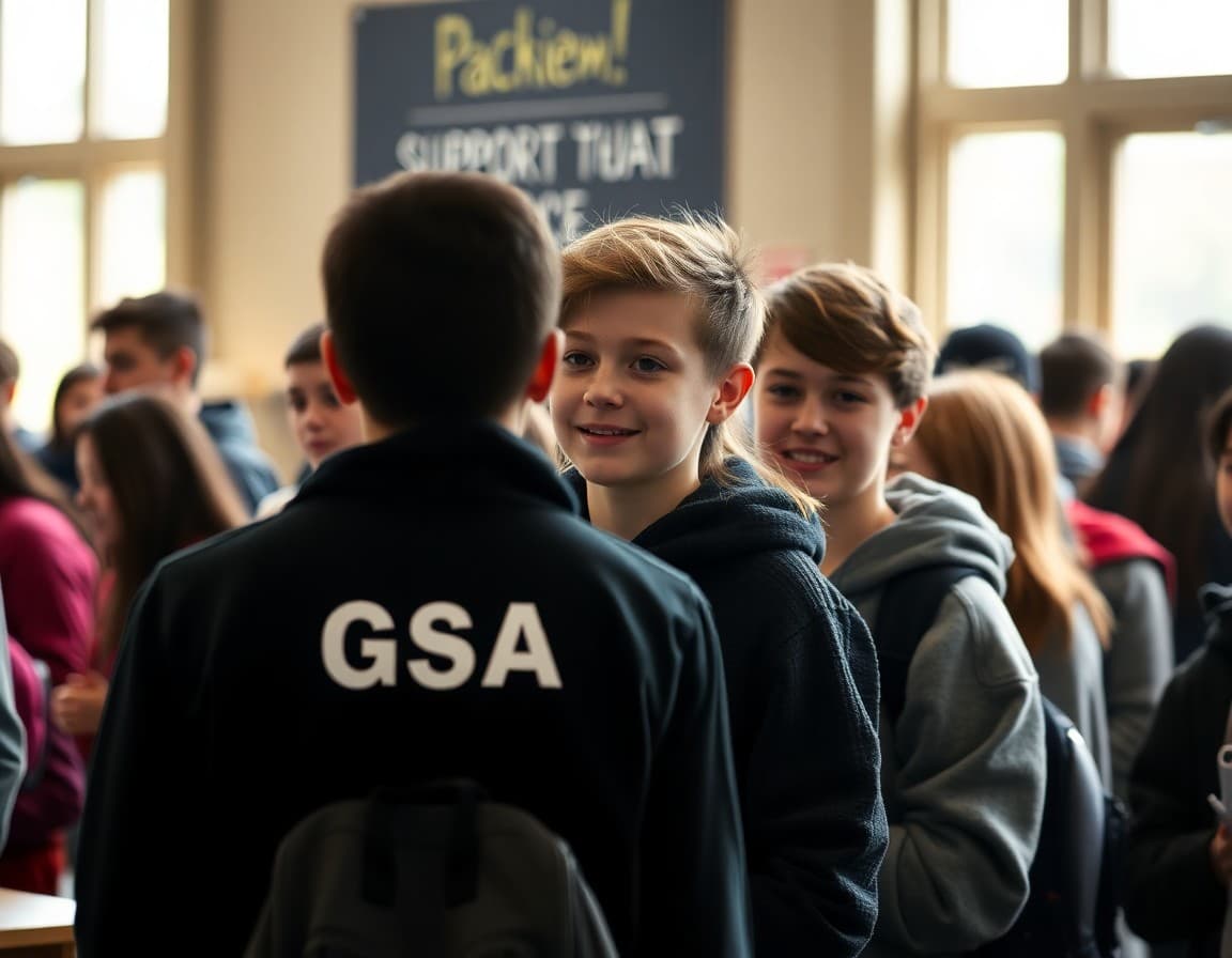 GSA club students together at a school event with supportive message visible