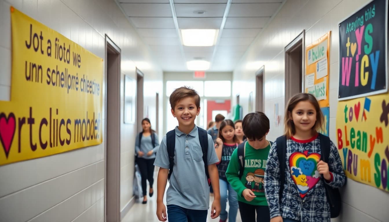 School hallway with inclusive messaging and student artwork celebrating diversity