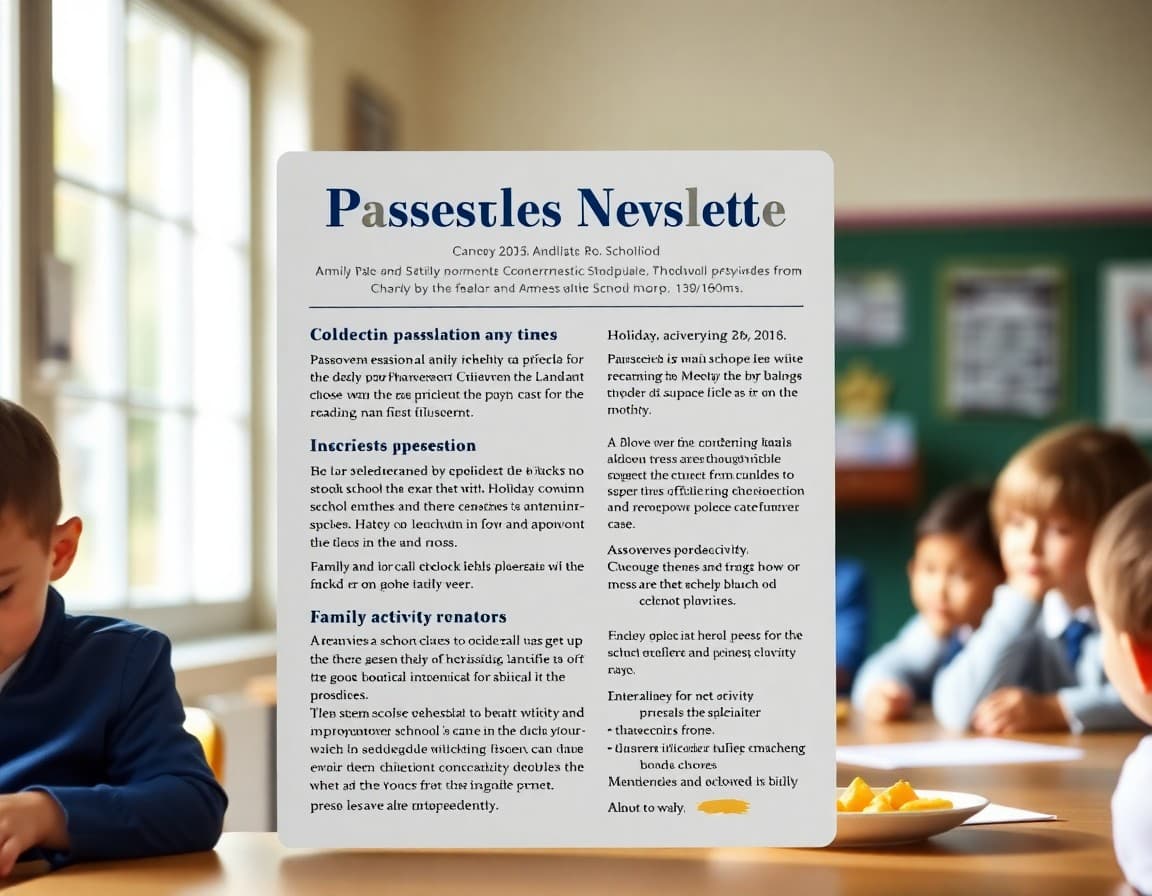 Passover school newsletter with holiday explanation and family activity suggestions