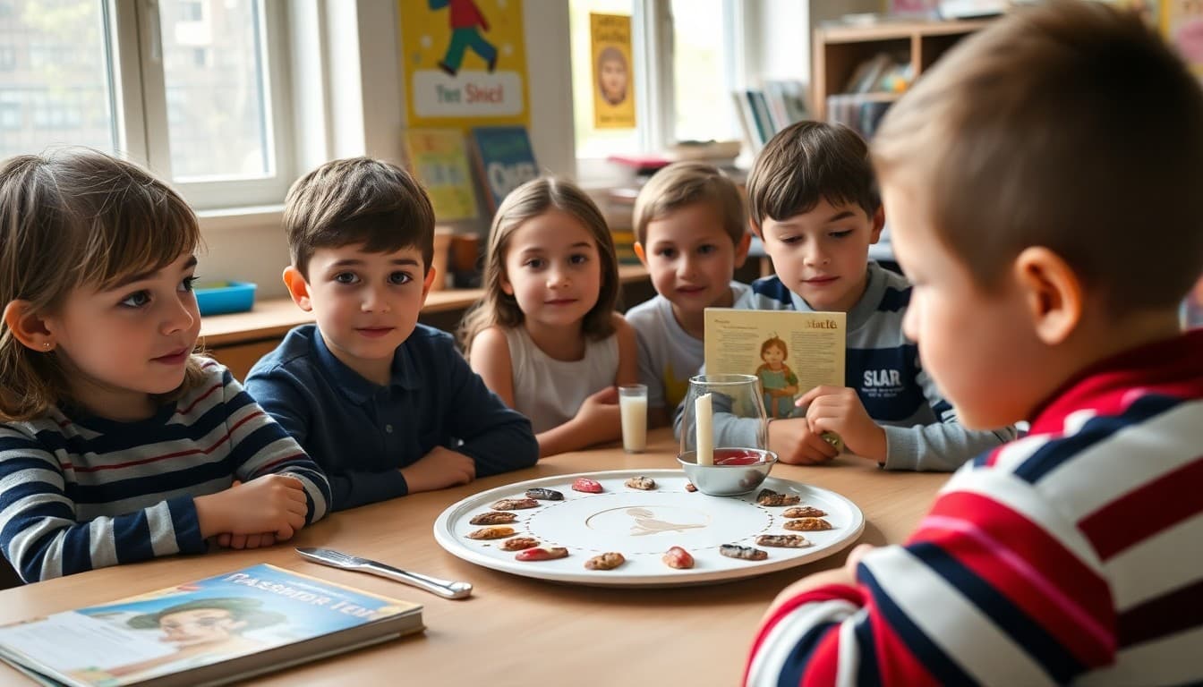 Students learning about Passover with a seder plate display and cultural books