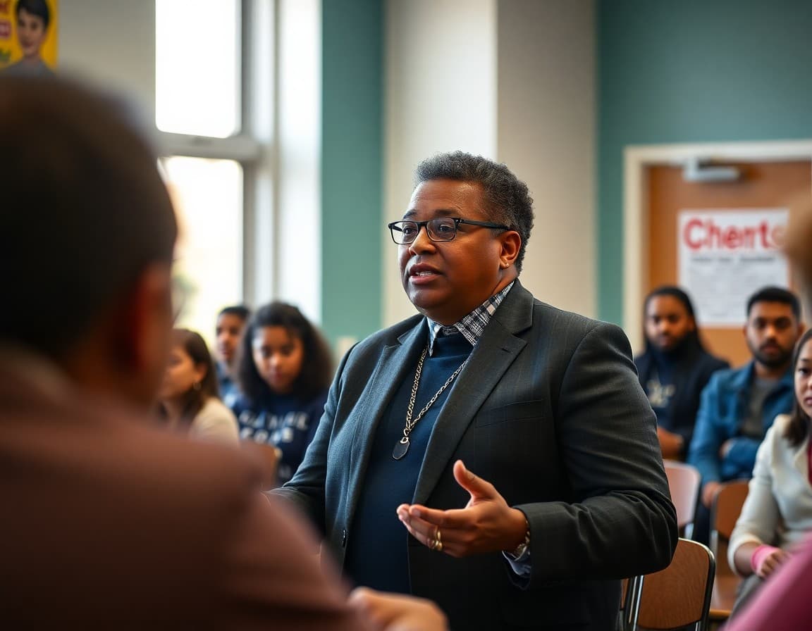 School principal speaking at a community forum on racial equity