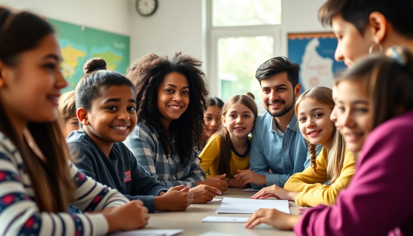 Diverse students and teachers together at a school community gathering