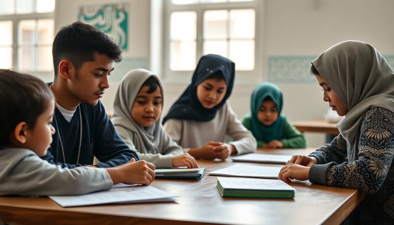 Students from diverse religious backgrounds working together at a school table