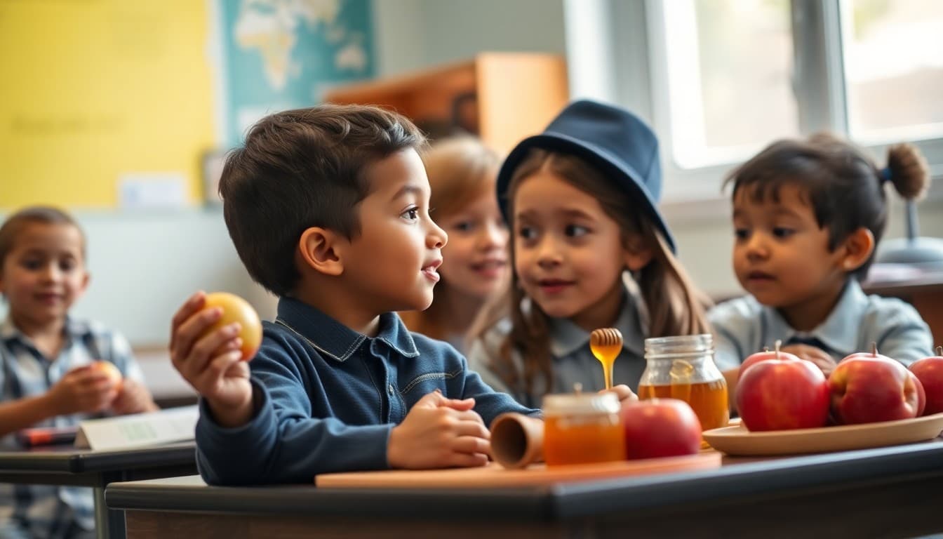 Students at school learning about Rosh Hashanah with apples, honey, and shofar display