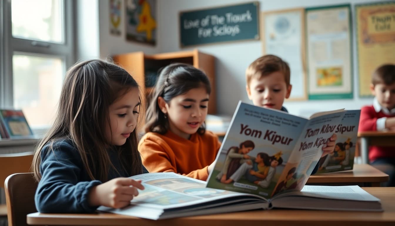 Students at school learning about Yom Kippur with books about Jewish traditions and holidays