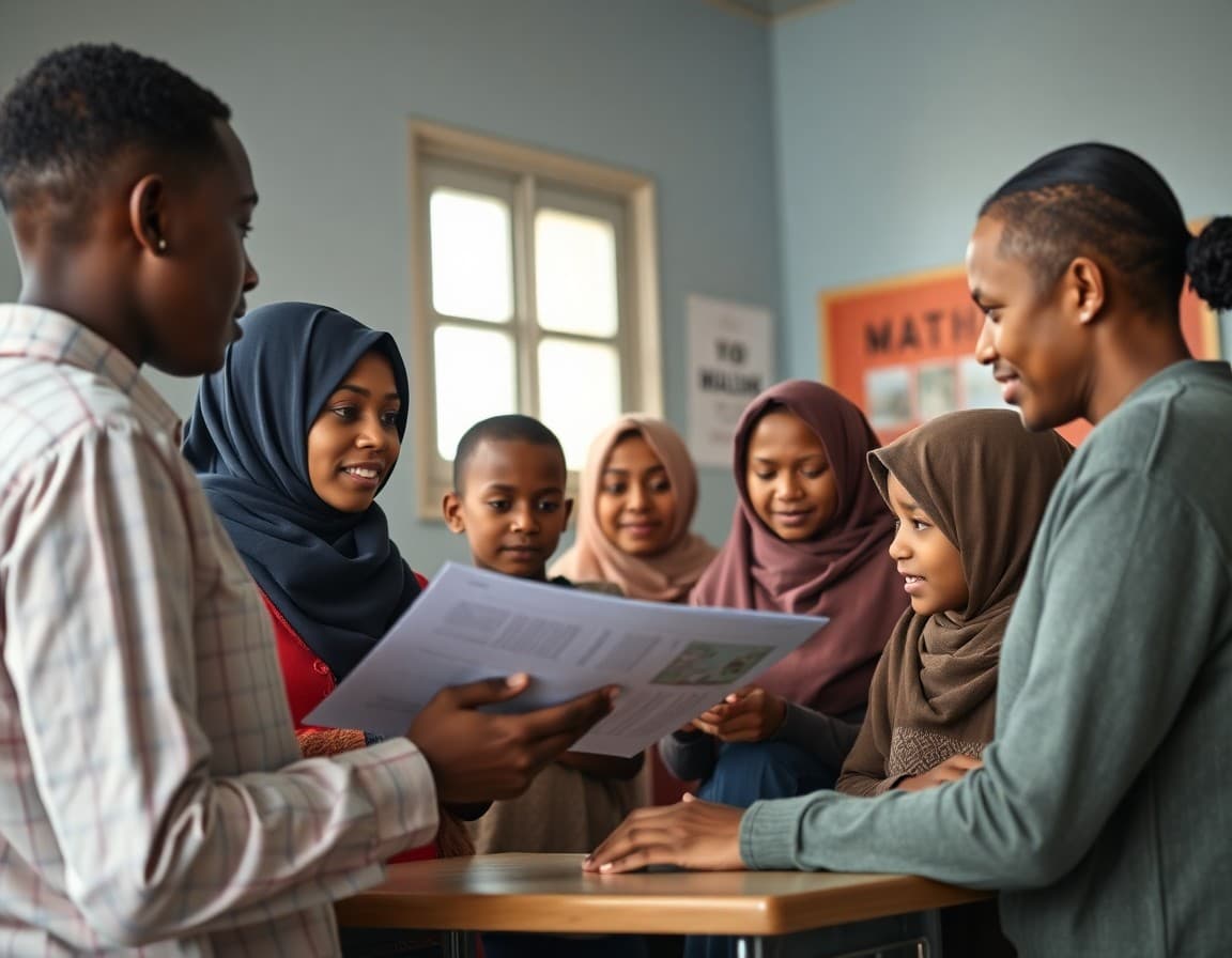 Bilingual school staff member reviewing school information with Somali-speaking parents