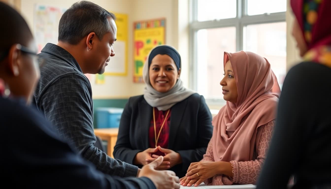 School counselor meeting with Somali-speaking families at a community outreach event