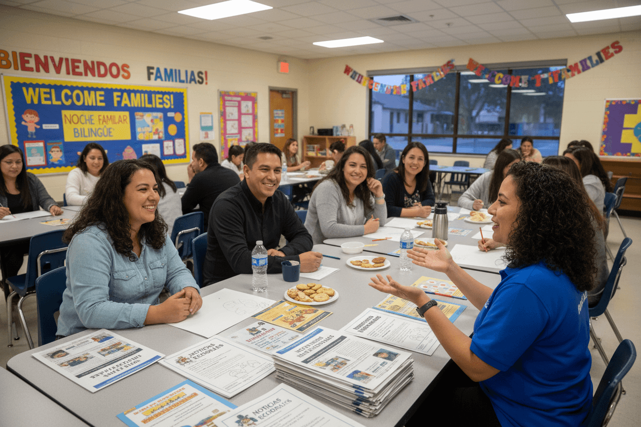 Side-by-side bilingual English and Spanish school newsletter layout showing parallel family communication content