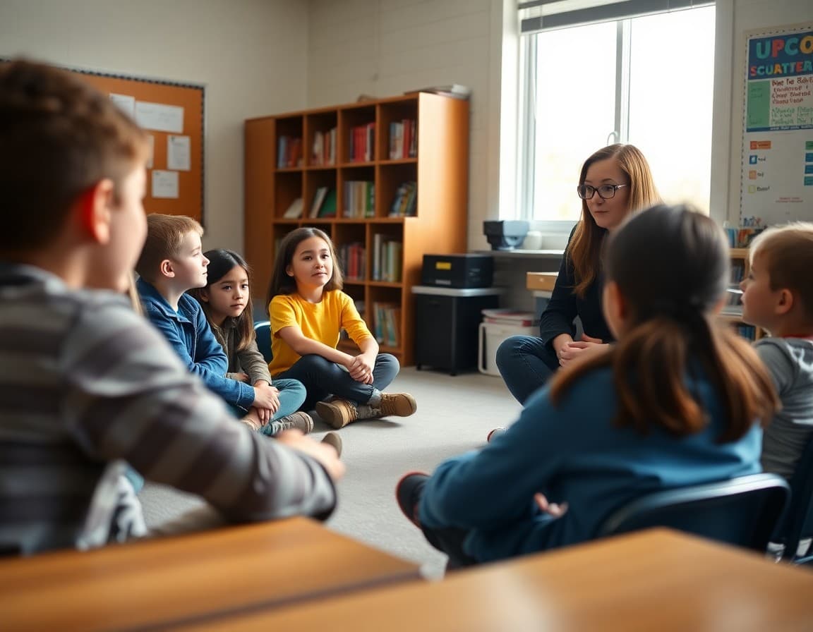 School counselor facilitating a student belonging circle discussion in a classroom