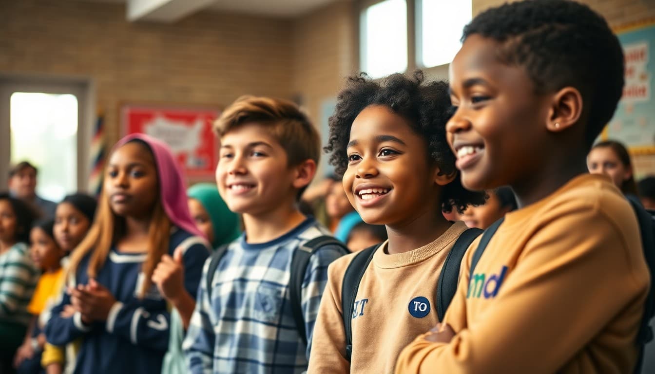 Diverse students feeling welcomed and included at a school community celebration event